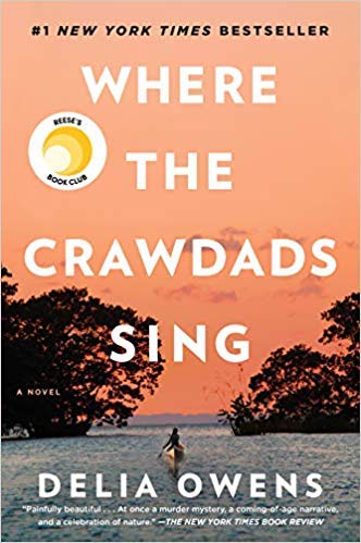 Where the Crawdads Sing by Delia Owens books cover, Girl in boat in the water surrounded by trees on orange sunset