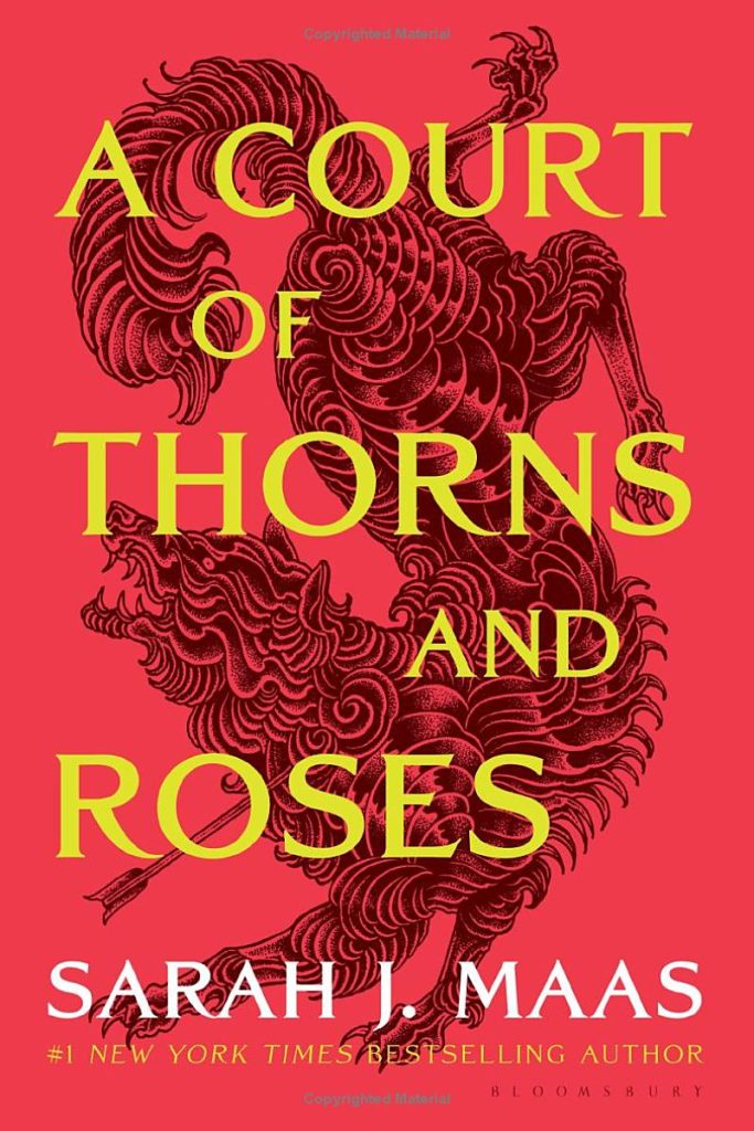 a court of thorns and roses by sarah j maas book cover 
red cover with a wolf punctured by an arrow behind the yellow title font