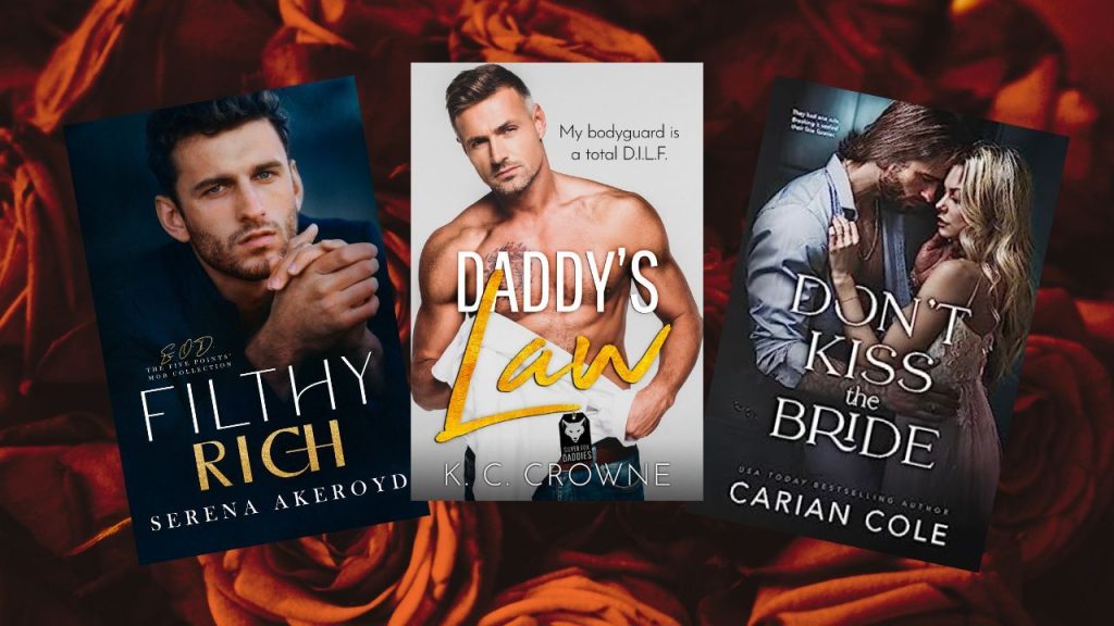 three book covers on a background of silky red roses