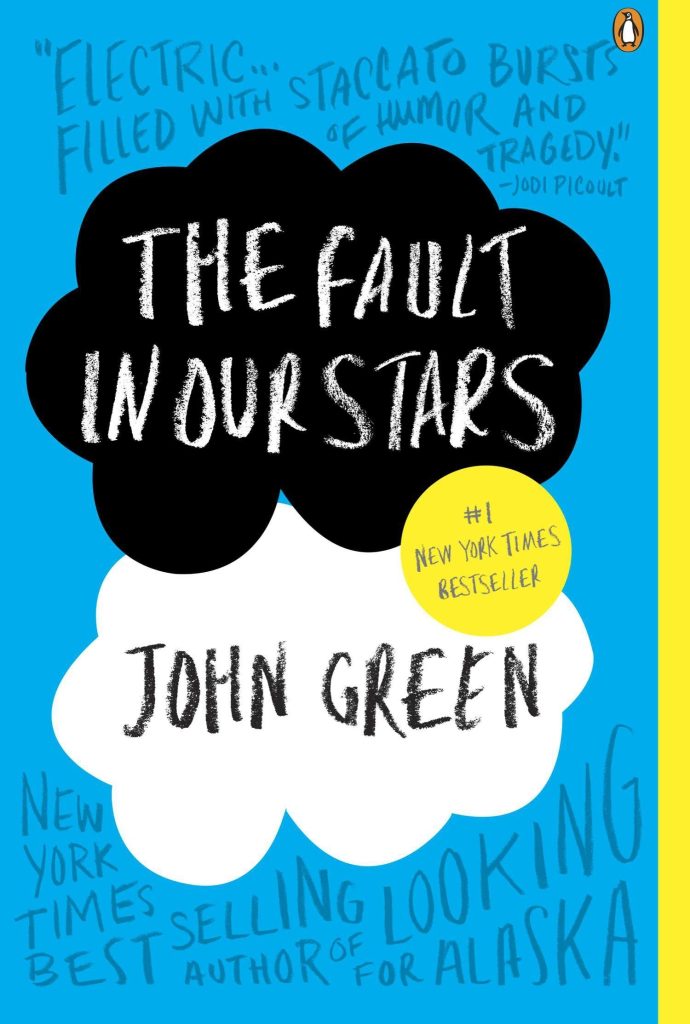 A cloud over a blue background details the name of the The Fault in our stars.