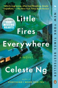 Little Fires Everywhere by Celeste Ng cover; a suburban street that has a large house in the foreground with lights on