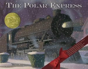 The Polar Express by Chris Van Allsburg cover; black train in a street outside a house with snow all around it