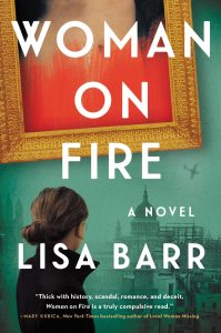 Woman on Fire by Lisa Barr cover; woman wearing black coat looking toward WWII-era city with framed painting above her