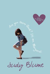 Are You There God? It's Me, Margaret by Judy Blume cover, blue background with young girl wearing school uniform and backpack