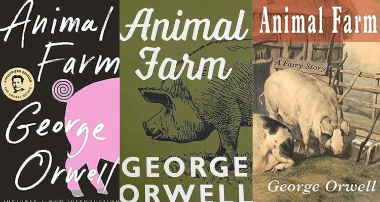 Three different book covers of 'Animal Farm' that all have pigs on them