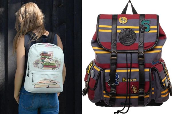 Two backpacks, one bookish on a woman the other is a stand alone harry potter one.