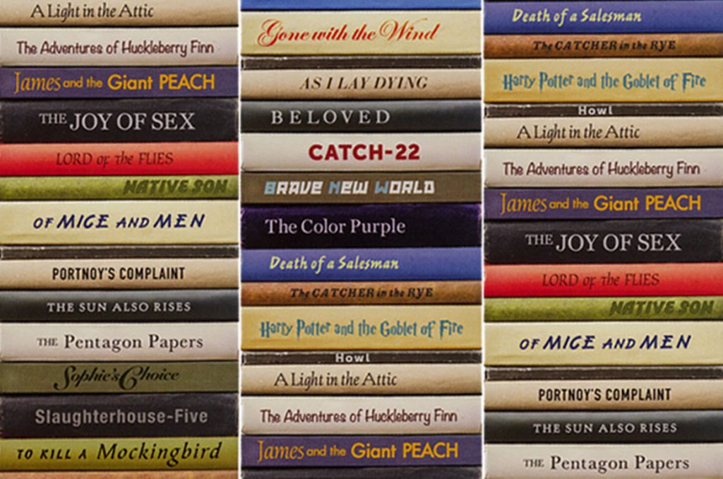 Stacks of books with banned book titles image