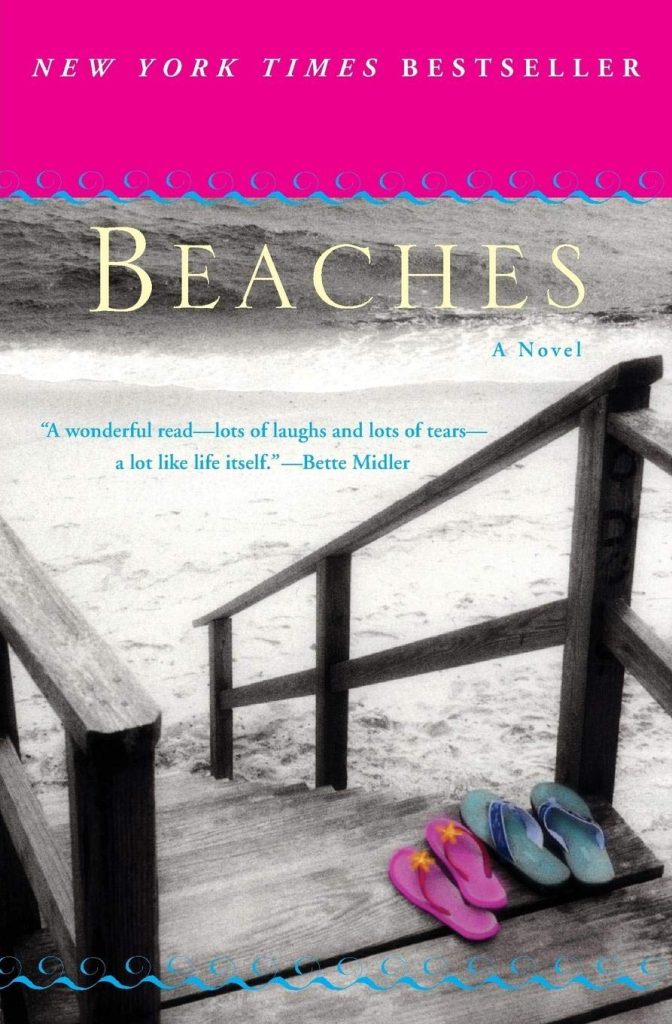 Beaches book cover with flip-flops on a wooden staircase leading toa sandy beach.
