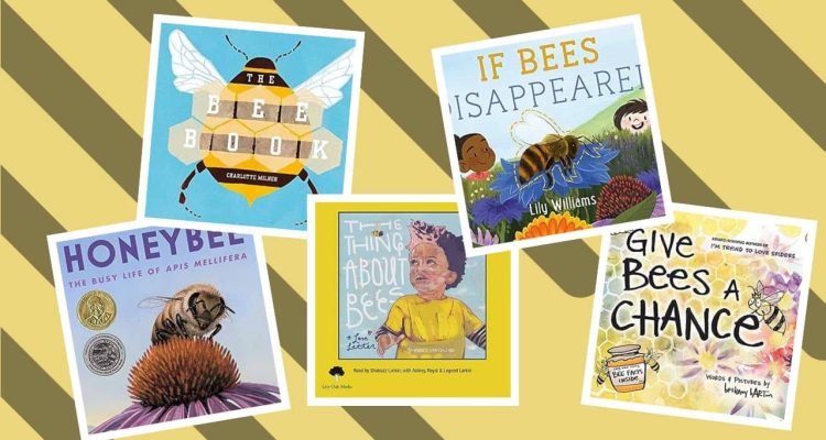 A yellow background with black stripes going diagonally across it. A group of photos of books is in front of it