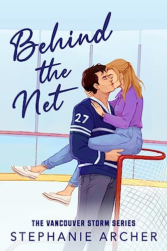 Behind the net by stephanie archer book cover
man in hockey jersy holds woman on a hockey goal while standing on ice rink