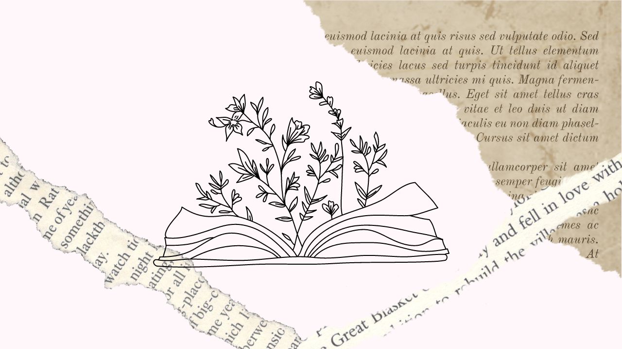 Ton book pages on a pale pink background with an open book sprouting flowers in the center.