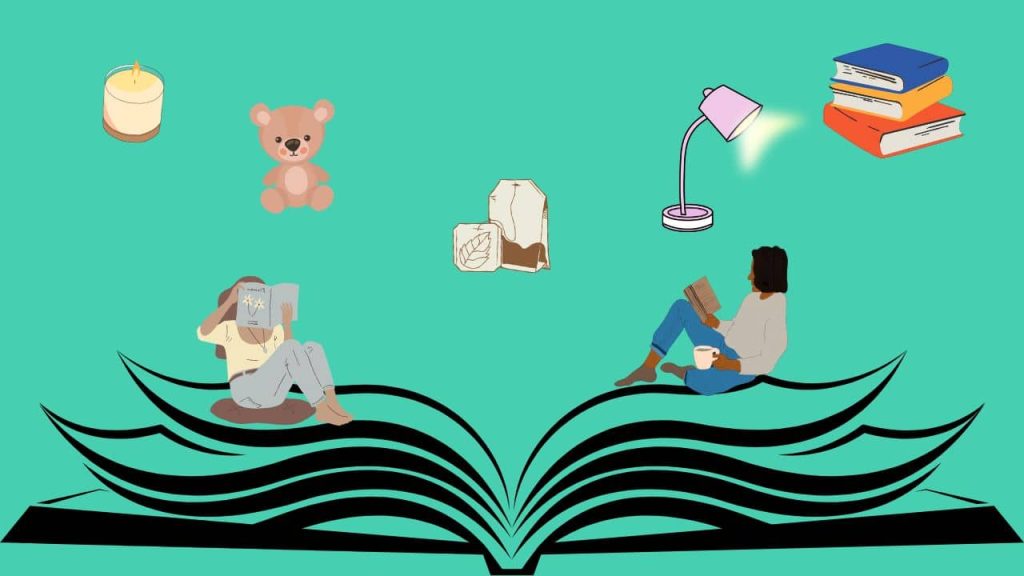 A teal background with two women reading on an open book. There is a candle, stuffed animal, tea bag, lamp, and pile of books above them
