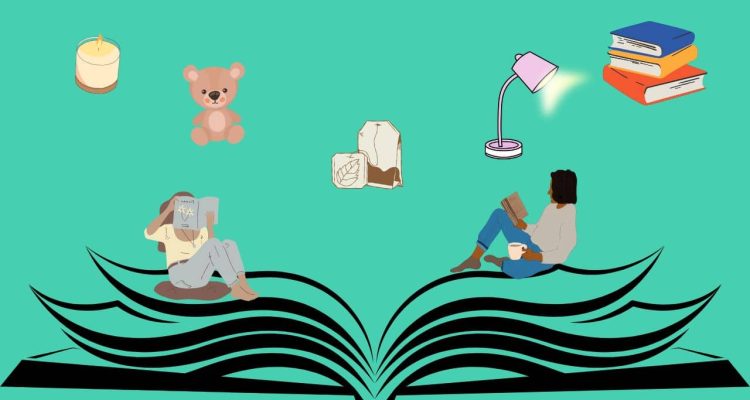 A teal background with two women reading on an open book. There is a candle, stuffed animal, tea bag, lamp, and pile of books above them