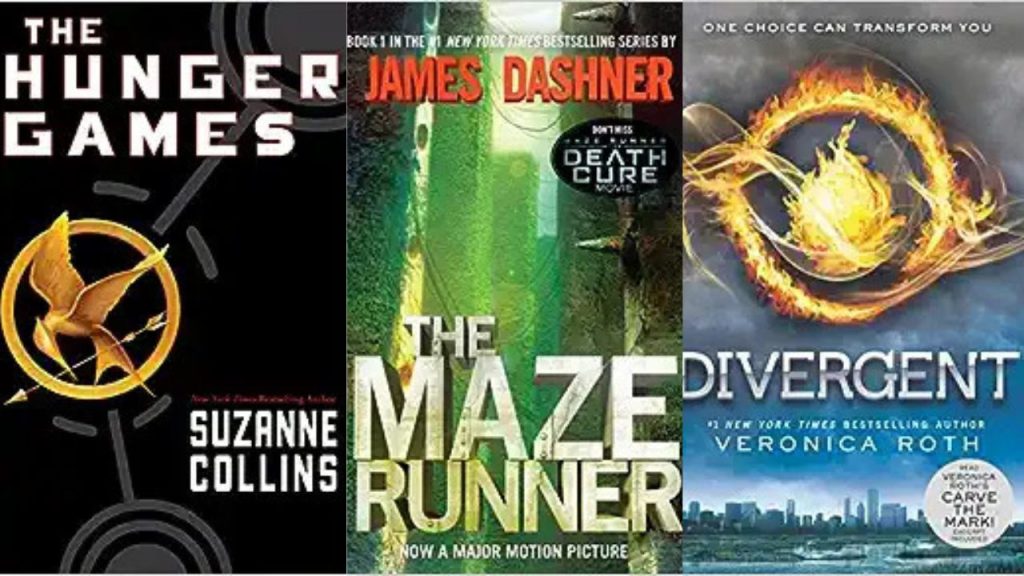 Covers of The Hunger Games, The Maze Runner, and Divergent
