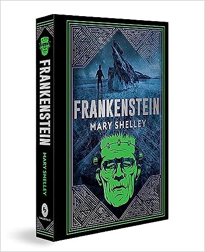 Frankenstein cover art. On the bottom the mosters green head. On the top a black figure.