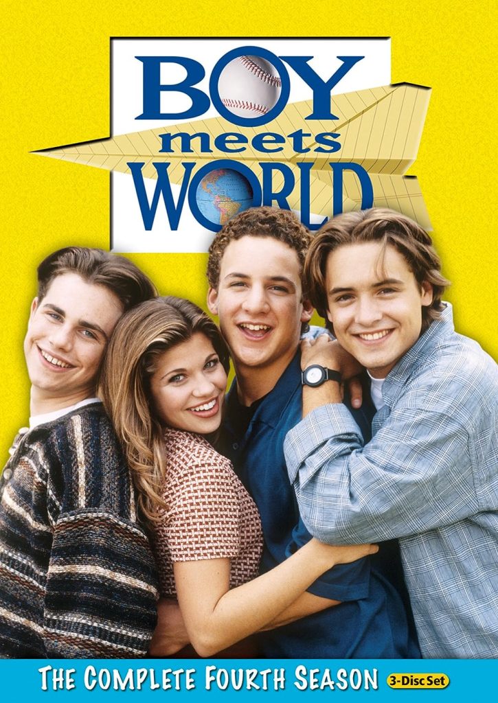 Boy meets world cast smile together against a yellow background beneath the show title.