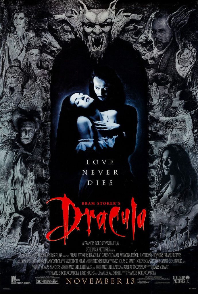 Bram Stoker's Dracula 1992 movie poster featuring Gary Oldman as Dracula holding Winona Ryder as Mina Harker