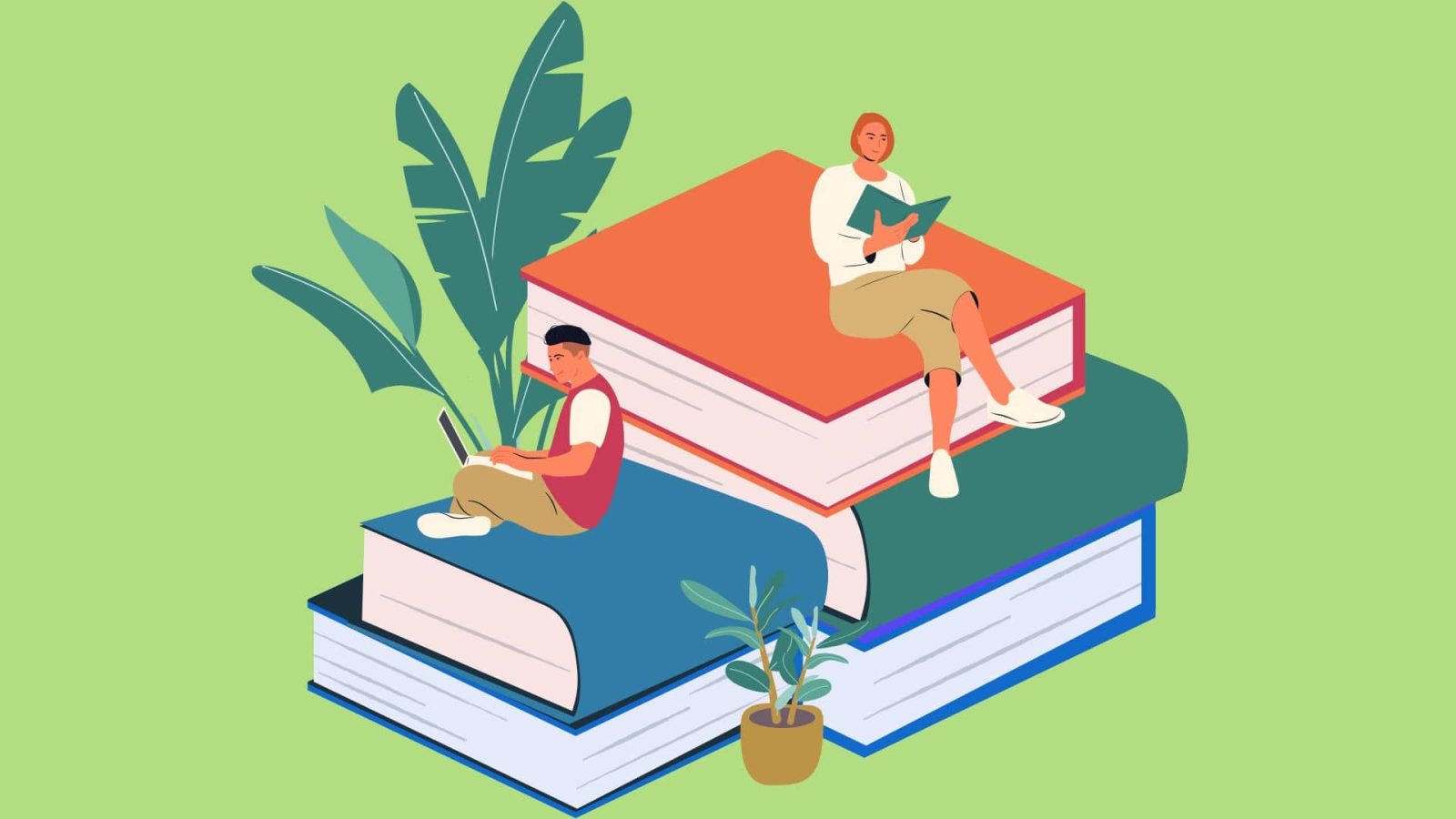 A green background with a big stack of colorful books and green plants in front of it. There are two people reading books on different levels of the stack