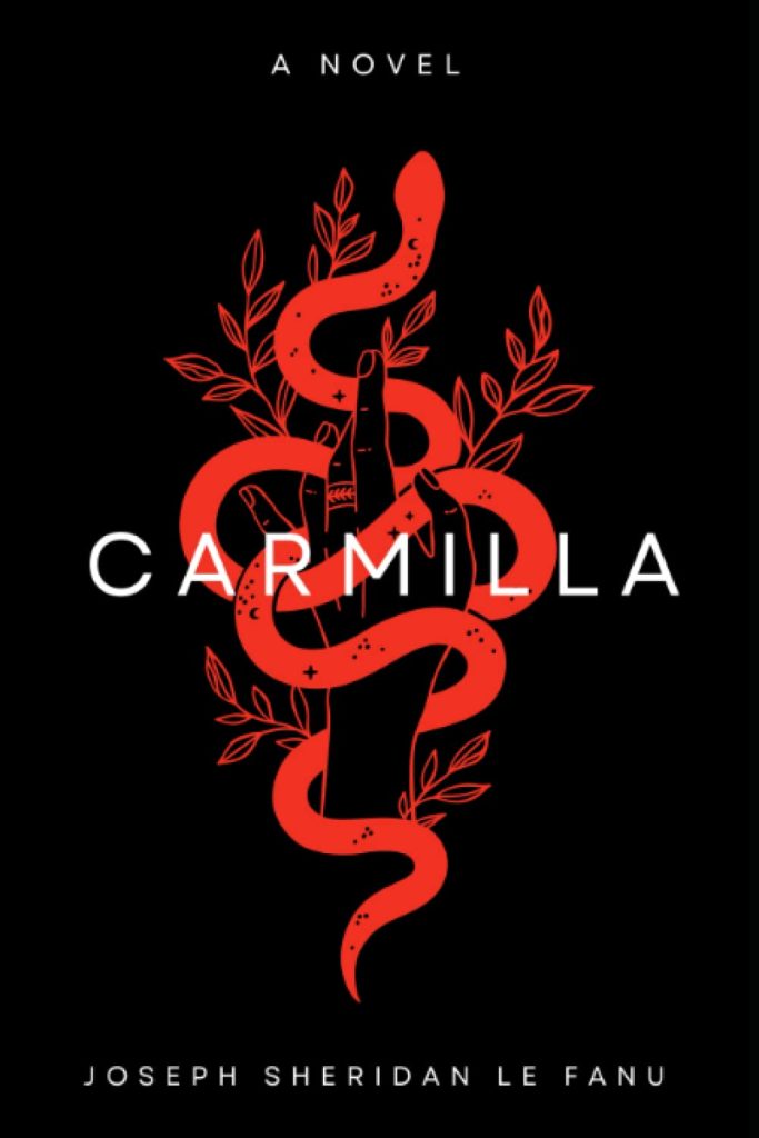 Carmilla by J. Sheridan Le Fanu book cover featuring a red snake wrapped around a hand against a black background