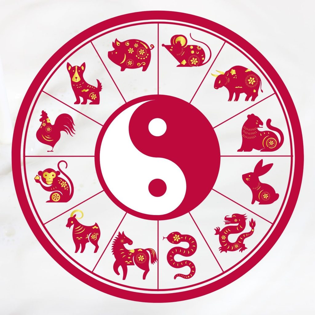 Chinese zodiac chart, the Chinese zodiac animals in order around the Yin and Yang symbol.