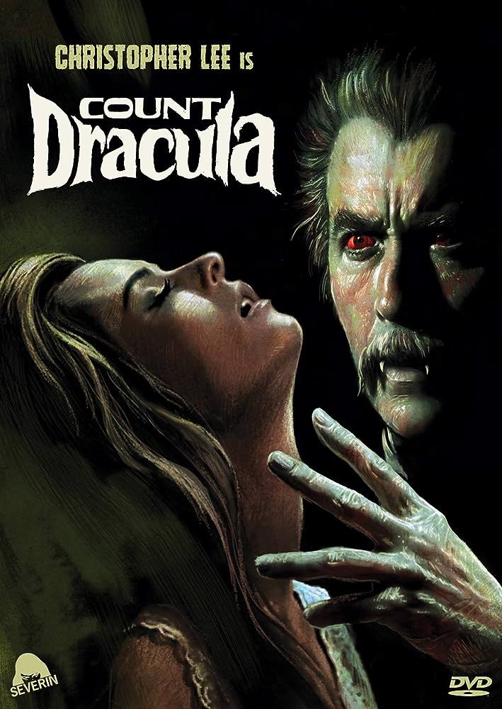 Count Dracula (1970) movie poster featuring Christopher Lee with fangs and red eyes reaching for the neck of a woman