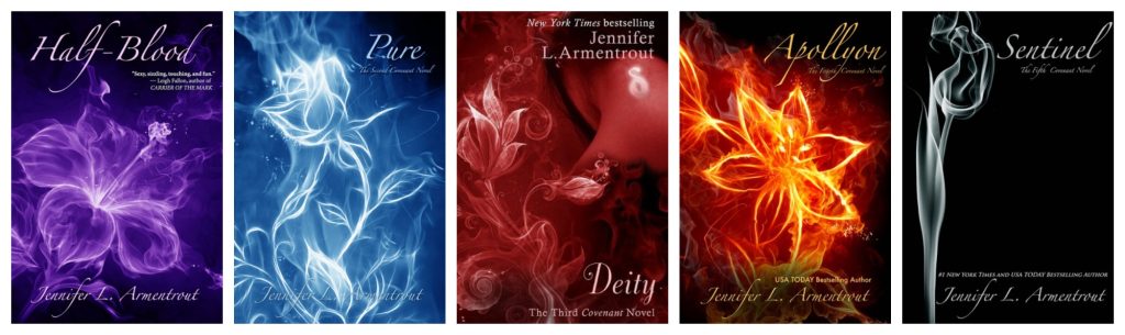 The Covenant Series book covers in order, with varying flowers. 