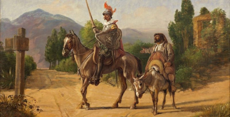 Enciclopedia Humanidades Painting of Don Quijote in his horse with his companion Sancho Panza in his donkey
