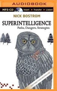 Superintelligence by Nick Bostrom cover; pencil illustration of owl and trees in the background