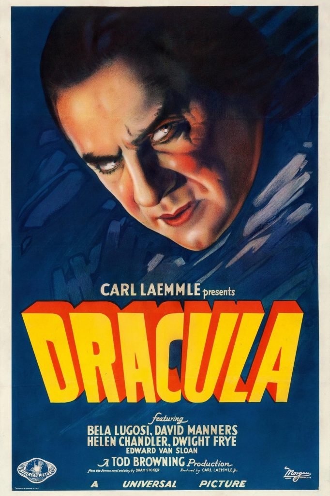 Dracula (1931) film poster featuring a painting of Bela Lugosi's head above the film title against a blue background