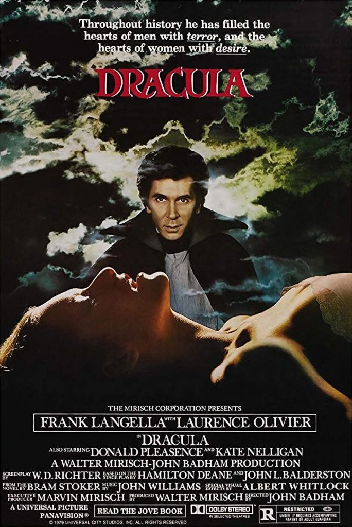Dracula 1979 film poster featuring Frank Langella as Dracula looking from behind a woman