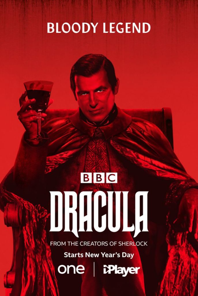 Dracula television series poster featuring Claes Bang holding a wine glass in a toast