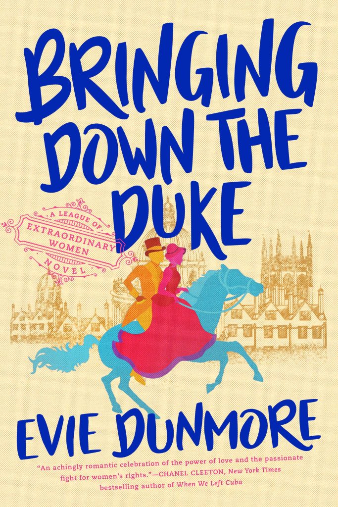 bringing down the duke by evie dunmore book cover - pink lady and orange man on a blue horse riding through london