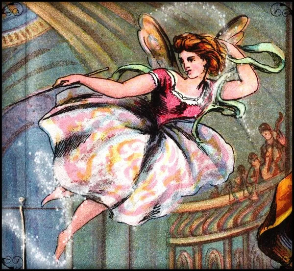 Fairy waving wand beside an orchestra