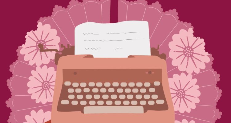 A pink typewriter in front of two pink fans with flowers on them. The background color is a dark red