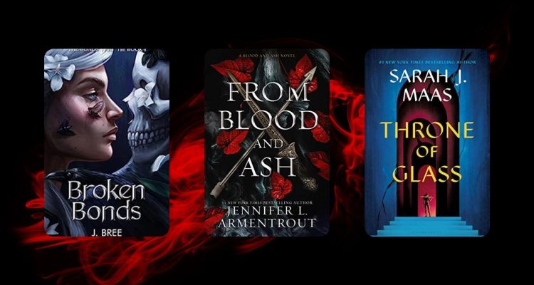 three book covers on a back and red background