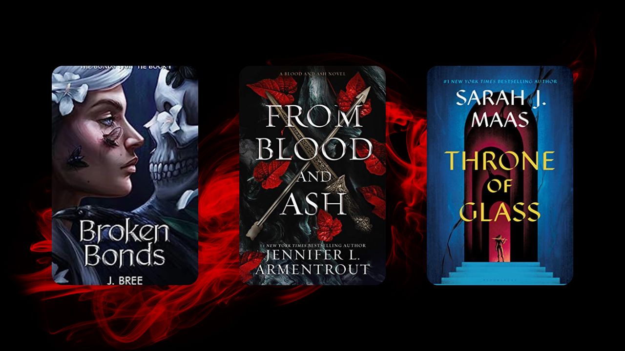 three book covers on a back and red background
