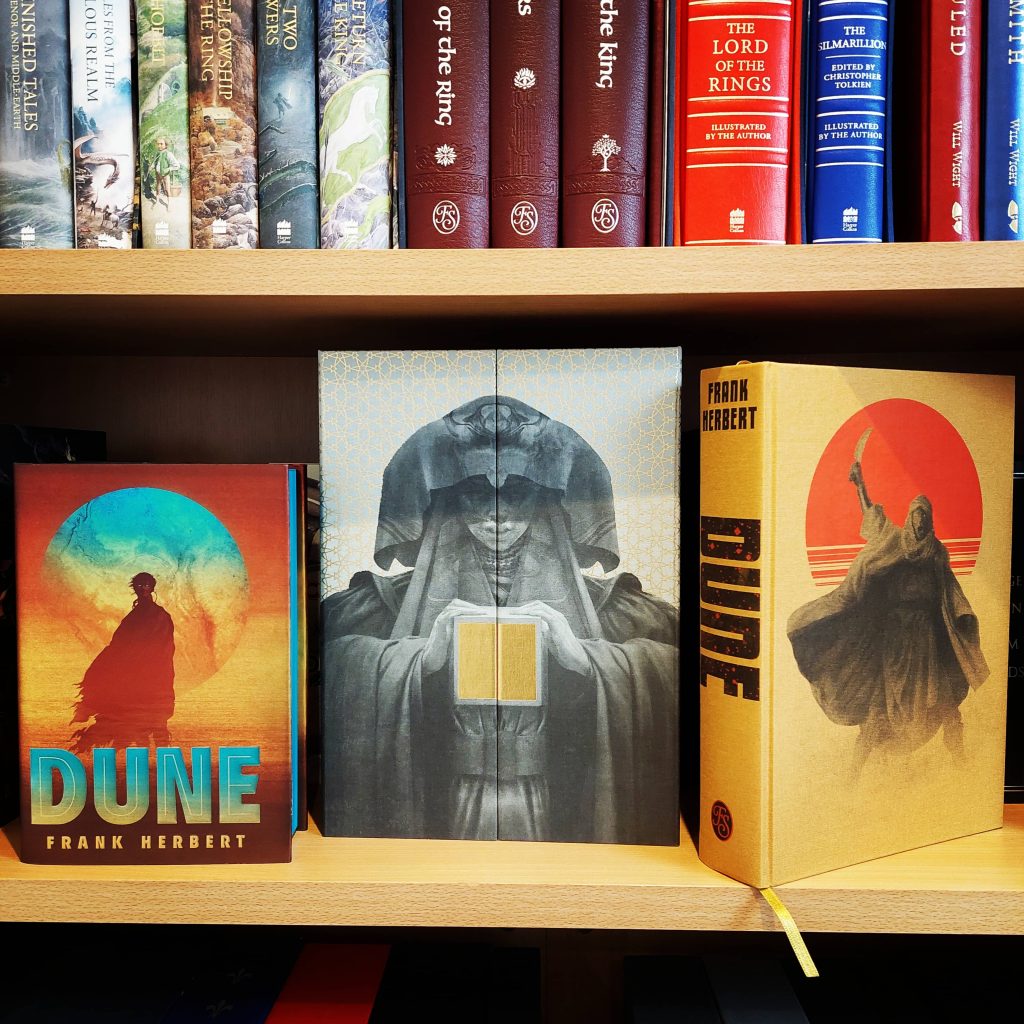 @fantasyphile photo of the Dune series by Frank Herbert organized on a bookshelf
