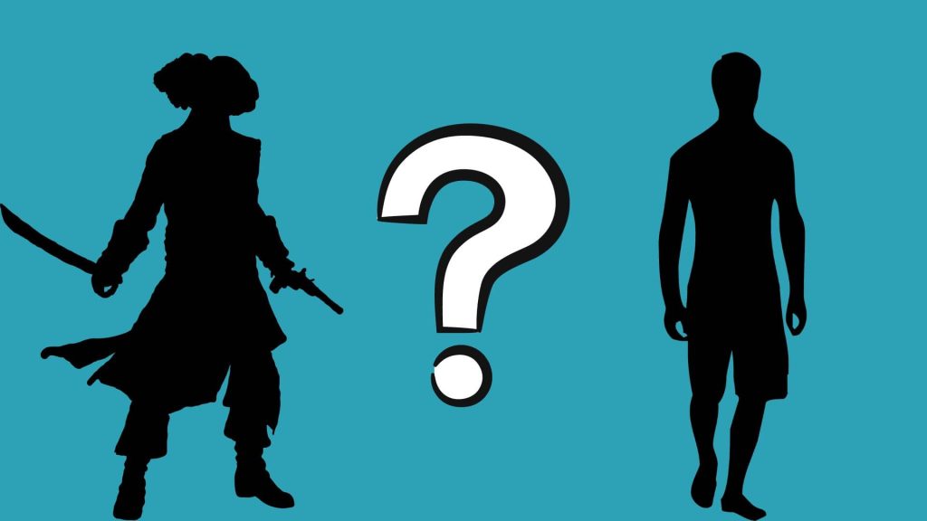 The silhouette of a pirate on the left and the silhouette of a man on the right. Between them is a question mark and the background is teal