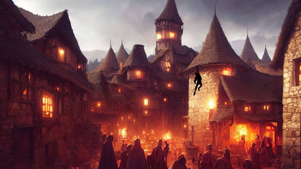 A medieval town lighted by lanterns. There is a man climbing a tower.