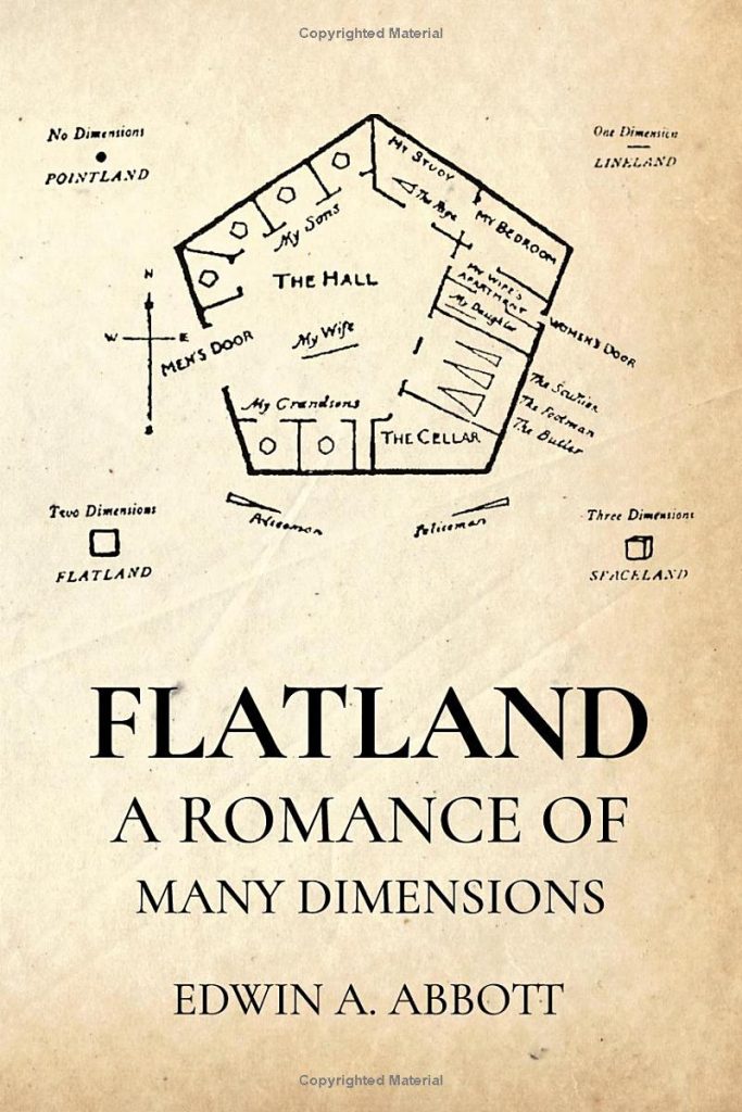 Flatland by Edwin A. Abbott, cream parchment background with geometrical drawing book cover.