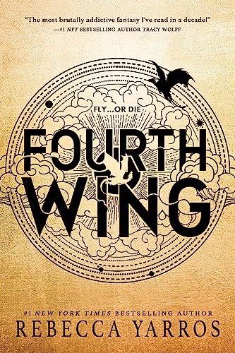fourth wing by rebecca yarros book cover
circle with clouds and dragos behind the title