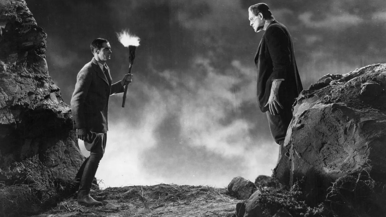 Frankenstein and his creature facing off in the torch light.