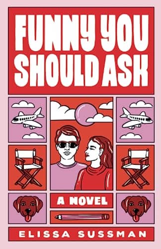 pink-and-red-cover-with-a-man-wearing-sunglasses-and-a-girl-next-to-him-looking-at-him-around-them-are-planes-and-movie-chairs-and-dogs