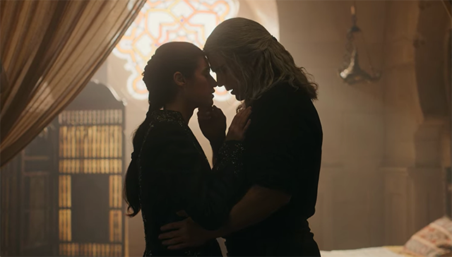 Geralt and Yennefer holding each other in the TV show The Witcher.