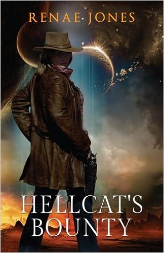A book cover with a red ground and a cloudy sky with rocky planets. A woman is standing in the foreground and the title hellcats bounty by renae jones is on the bottom