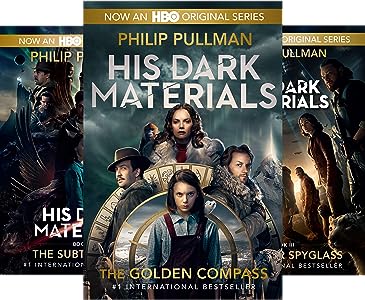 from left to right
His dark materials- the subtle knife by philip pullman book cover
his dark materials- the golden compass by philip pullman book cover
his dark materials- the amber spyglass by philip pullman book cover