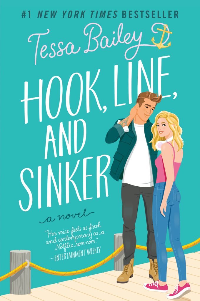 book cover of hook, line, and sinker by tessa bailey a boy and girl standing together on a dock 