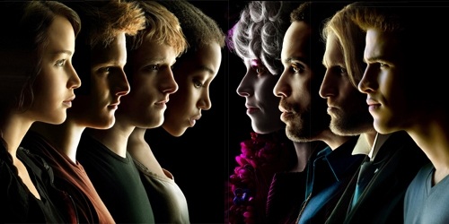 From left to Right: Katniss, Cato, Peeta, Rue, Effie, Cinna, Haymitch, Gale