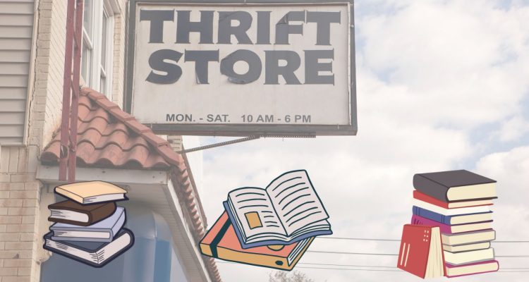 thrift store background with drawn book stacks.
