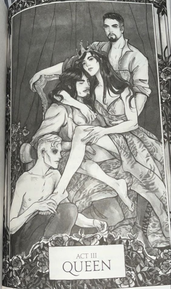 Act II illustration of three men surrounding a woman from Katee Robert's court of the Vampire Queen.